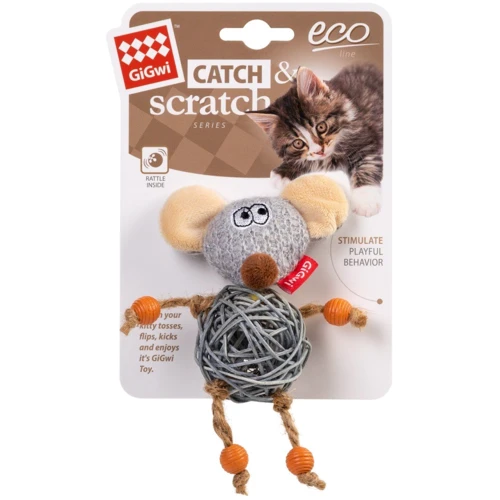 Игрушка для котов Мышка с колокольчиком GiGwi Catch&Scratch, текстиль, веревка, ротанг, 8 см (2300) фото 1