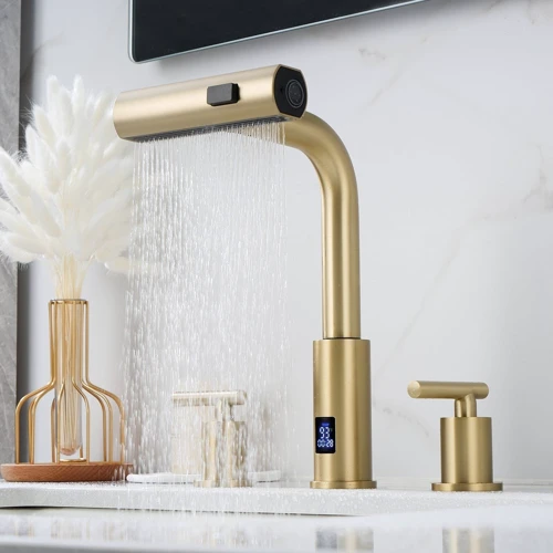 Смеситель для раковины Lefton Two-Handle Widespread Waterfall & Pull-Out Bathroom Faucet with Temperature Display-BFWS2401 Brushed Gold: Назначение Для раковины