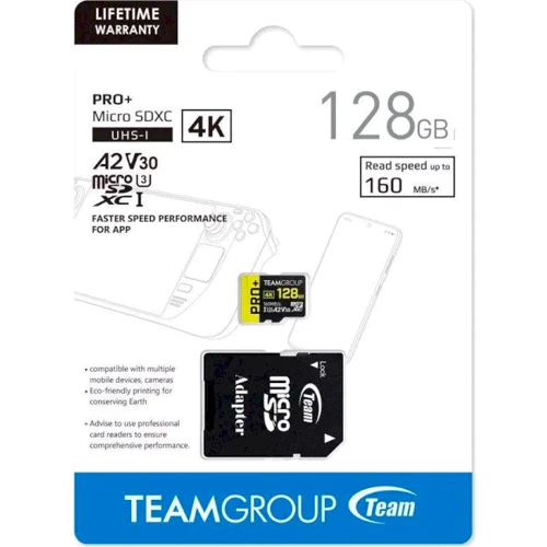 Карта памяти Team 128GB microSDXC UHS-I U3 A2 V30 PRO+ + adapter (TPPMSDX128GIA2V3003): Объем 128 ГБ