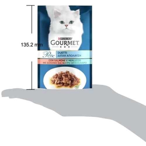 Влажный корм GOURMET Perle Duo для взрослых кошек мини филе в подливке с лососем и сайдой 26x85 г (8445291188228): Порода Все породы