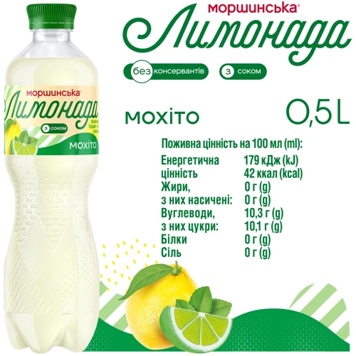 Напиток сокосодержащий Моршинська Лимонада Мохито слабогазированный 0.5 л (4820017003063): Степень газирования Среднегазированная