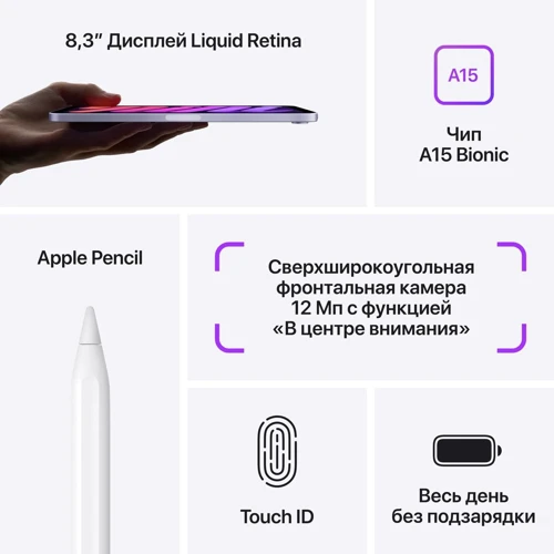 Планшет Apple iPad mini 6 8.3" 2021 Wi-Fi 256GB Starlight (MK7V3RK/A): Беспроводная связь Wi-Fi 6 (802.11ax) / Двухканальный 2.4 ГГц и 5 ГГц, MIMO / Bluetooth 5.0