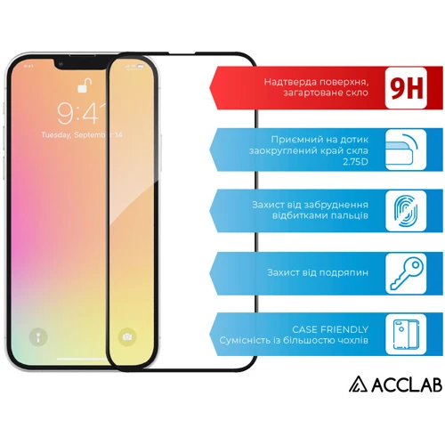 Защитное стекло для iPhone ACCLAB Tempered Glass Full Glue Black for iPhone 13: Тип защиты экрана на экран