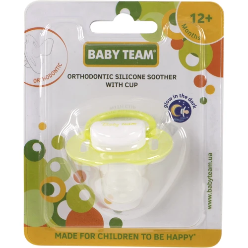 Пустышка Baby Team силиконовая ортодонтическая с колпачком, 0+, ночная (3008): Вид пустышки ночная