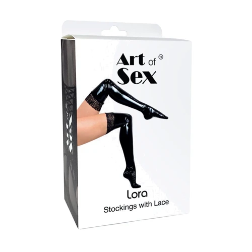 Сексуальные виниловые чулки Art of Sex - Lora с кружевом, S (черные)
