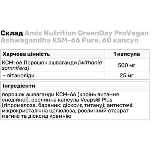 Бустер тестостерона Amix GreenDay ProVegan Ashwagandha KSM-66 Ашваганда 60 вегакапсул: Форма выпуска капсулированные