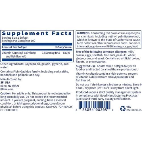 Klaire Labs Vitamin A Вітамін А 7500 мкг (25000 МО) 100 гелевих капсул: Тип Витамин A