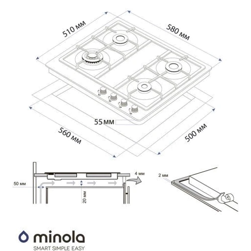 Варочная поверхность газовая Minola MGM 61221 I: Расположение панели Спереди справа