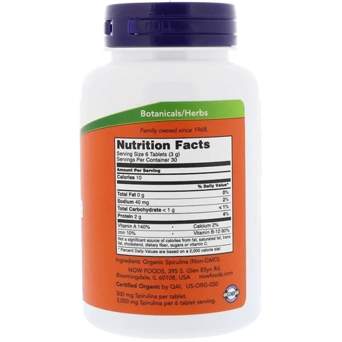 NOW Foods Organic SPIRULINA 500 mg 500 TABS Спирулина: Форма выпуска Таблетки