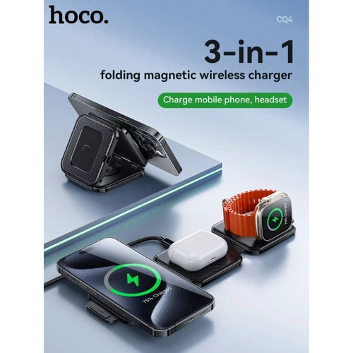 Зарядное устройство Hoco Wireless Charger CQ4 Unique 3in1 Folding Black for iPhone 16 I 15 I 14 I 13 I 12 series, Apple Watch and Apple AirPods: Количество USB-портов нет