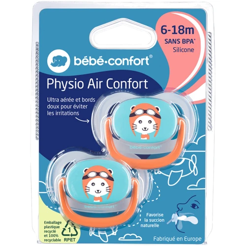 Пустушка Bebe Confort Physio Air силіконова, 2 шт, 6/18 міс синя з помаранчевим (3104201780): Форма соски анатомическая