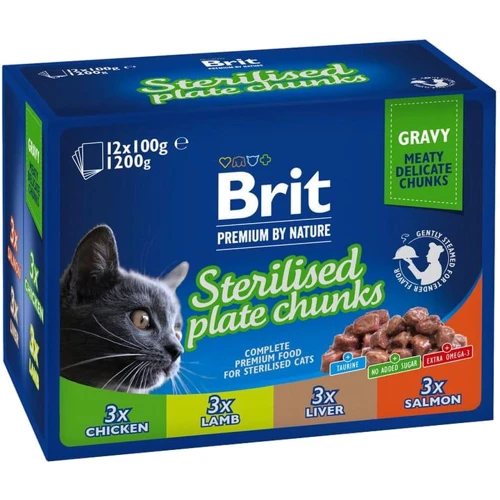 Влажный корм Brit Premium Cat Sterilised pouch Семейная тарелка для стерилизованных кошек ассорти 4 вкуса 12х100 г (8595602548514)