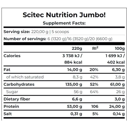 Гейнер Scitec Nutrition Jumbo 1320 g /6 servings/ chocolate: Пол Унисекс