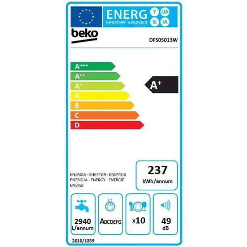 Посудомийка Beko DFS05013W: Клас енергоспоживання / миття / сушіння A+ / A / A