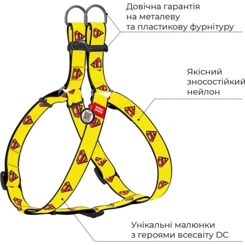 Шлей для собак анатомічний WAUDOG Nylon c QR паспортом малюнок Супермен 2 пластиковий фастекс, Ш 25 мм, Дл 60-90 см (0725-2014): Виробник WAUDOG