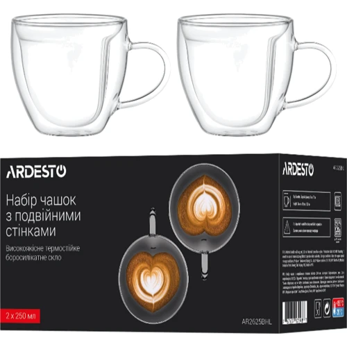 Набор чашек Ardesto с ручками и двойными стенками 250 мл 2 шт. (AR2625BHL)