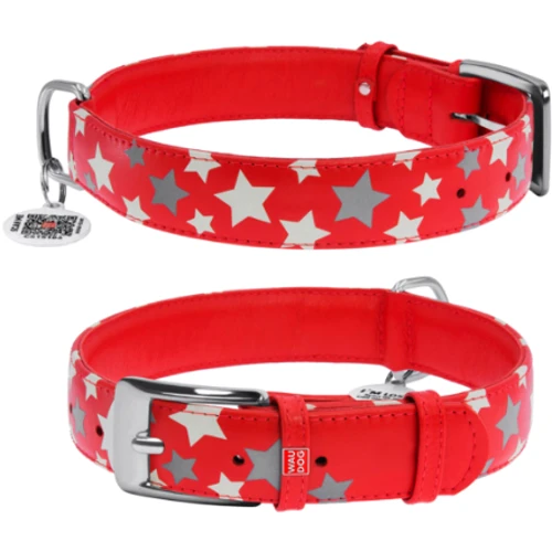 Ошейник WAUDOG Glamour с узором "Звездочка" 35 мм 46-60 см красный с QR паспортом (35883)