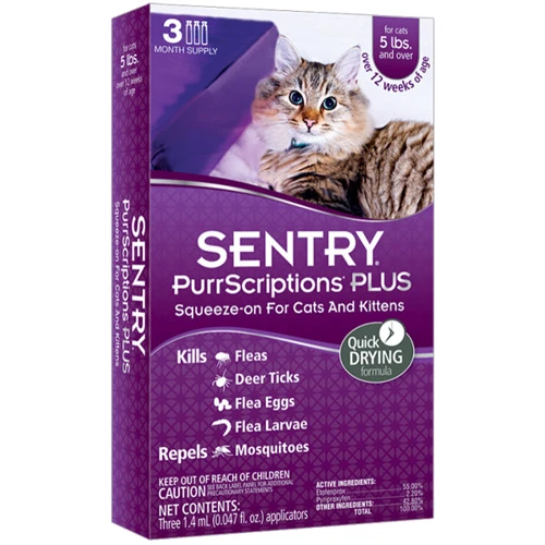 Капли Sentry PurrScriptions Plus от блох и клещей для котов весом от 2.2 кг 3х1.4 мл