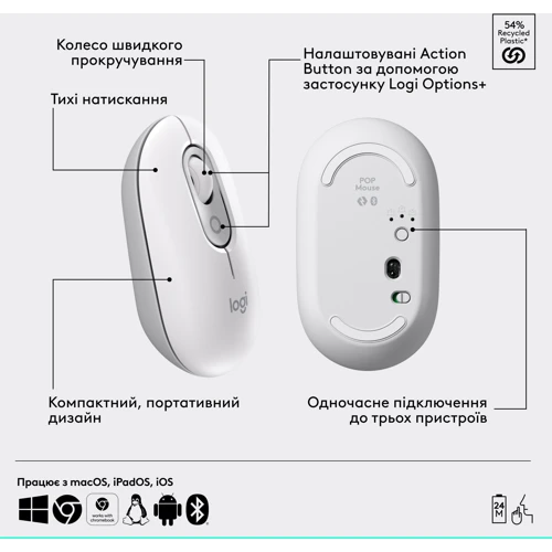 Мышь Logitech POP Mouse Off-White (910-007411): Вес 58.2 г