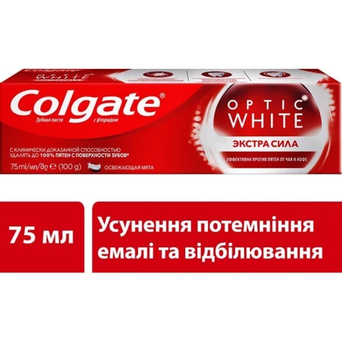 Colgate Зубная паста Optic White отбеливающая 75 мл: Назначение Ароматизация, Комплексная защита, От зубного налета, Отбеливание, Очищение, Свежесть дыхания
