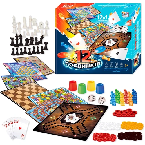 Игра 12 Поединков 4FUN Game Club игровые поля, фишки, карты, шахматы, шашки, кубик (92918)