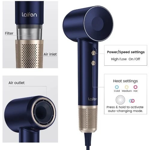 Фен Laifen Swift Premium High Speed ​​з іонізацією, 2 насадки, golden blue фото 11