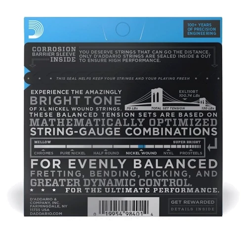 Струна для гитар Струны D'ADDARIO EXL110BT XL NICKEL WOUND BALANCED TENSION REGULAR LIGHT (10-46): Назначение Для электрогитары