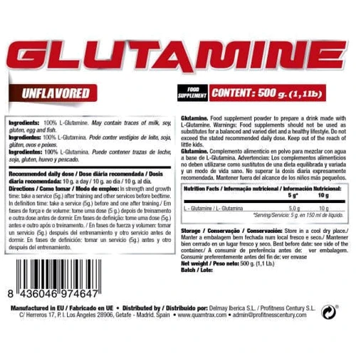 Аминокислота для спорта Quamtrax 100% Pure Glutamine 500 g /100 servings/ Unflavored: Вкус Без вкуса