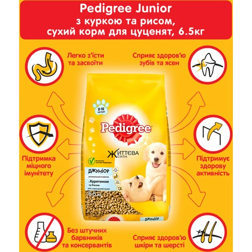 Сухой корм Pedigree Junior для щенков с курицей и рисом 6.5 кг (5998749132517): Класс Премиум