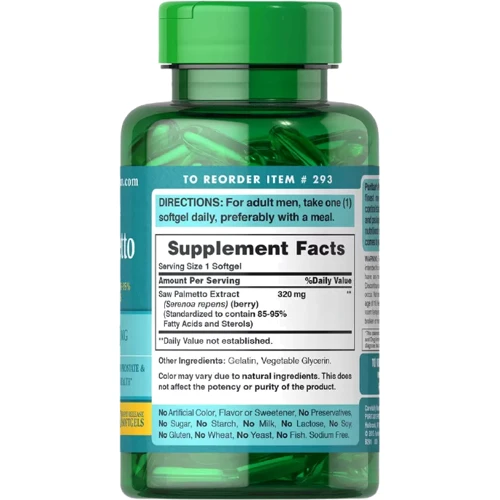 Puritan's Pride Saw Palmetto Standardized Extract 320 mg Со Пальметто 60 гелевых капсул: Форма выпуска Капсулы