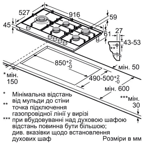 Варочная поверхность газовая Bosch PRS9A6D70: Размеры для встраивания (ВхШхГ) 4.5x85-85.2x49-50.2 см