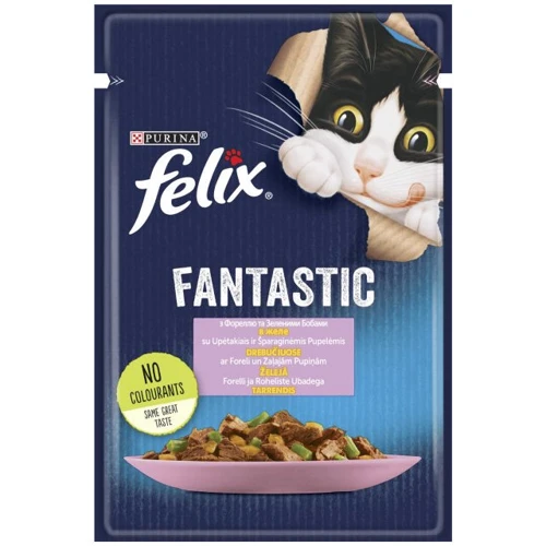 Влажный корм FELIX Fantastic для взрослых кошек кусочки в желе с форелью и зелеными бобами 26х85 г (7613039841617): Возраст Взрослые