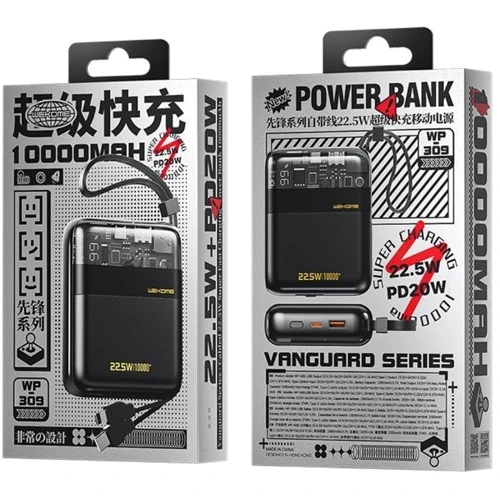 Зовнішній акумулятор WK Wekome Power Bank 10000mAh Super Charging PD20W+22.5W Black+Clear (WP-309): Кабелі / перехідники для смартфонів в комплекті USB Type-C