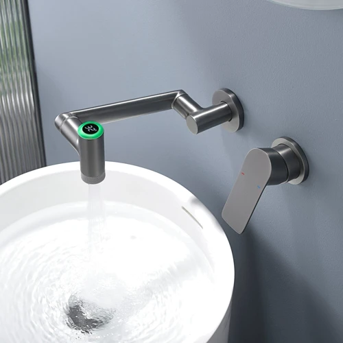 Смеситель настенный Lefton Single-Handle Wall Mount Bathroom Faucet with Temperature Display-BFWM2401 Grey: Материал Латунь