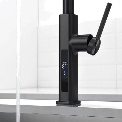 Смеситель для кухни Lefton Waterfall & Pull-Out Kitchen Faucet with Temperature Display-KF2209 Matt Black: Вид смесителя Однорычажный