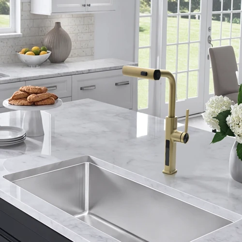 Смеситель для кухни Lefton Waterfall & Pull-Out Kitchen Faucet with Temperature Display-KF2209 Brushed Gold: Материал Латунь