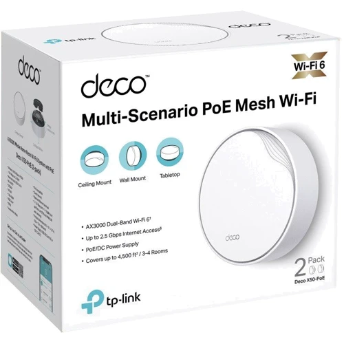 Маршрутизатор Wi-Fi TP-Link Deco X50 PoE 2-Pack: Інтерфейс підключення (LAN-порт) 2 порта 1 Гбит/с 2500