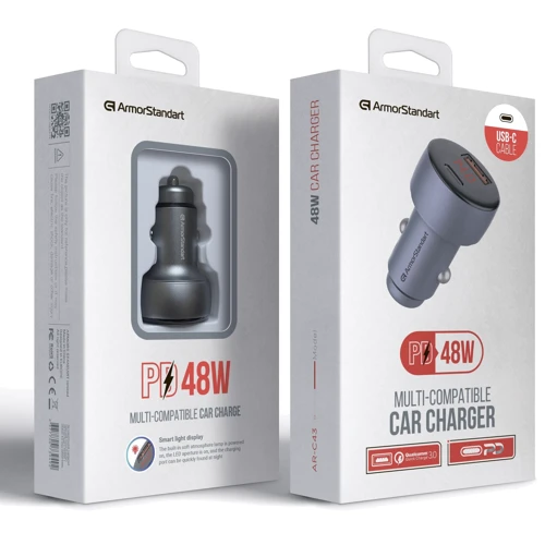 Зарядний пристрій ArmorStandart Car Charger USB+USB-C AR-C43 з USB-C Cable Grey (ARM82463): Сила струму 2.4а і більш