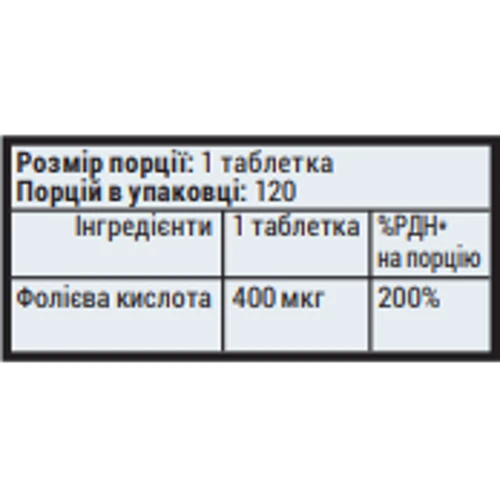 Sporter Folic Acid 400 mcg Фолиевая кислота 120 таблеток: Тип Витамин B