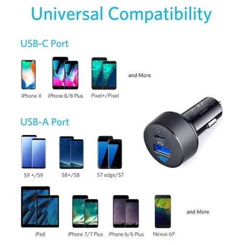 Зарядний пристрій ANKER USB Car Charger PowerDrive Power Delivery USB 12W + USB-C 18W Black (A2721HF1 / A2721GF1): Кількість USB-портів 2