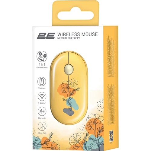 Мышь 2E MF300 Flora Poppy Silent WL BT Yellow (2E-MF300WFLORAYW): Интерфейс подключения Bluetooth, Wireless