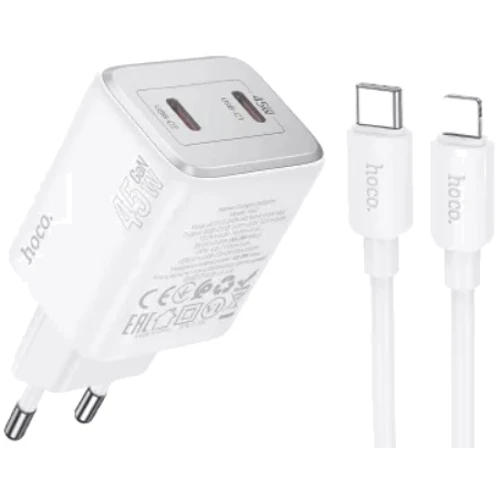 Зарядное устройство Hoco Wall Charger N42 Elogiado 2xUSB-C 45W White with USB-C Cable