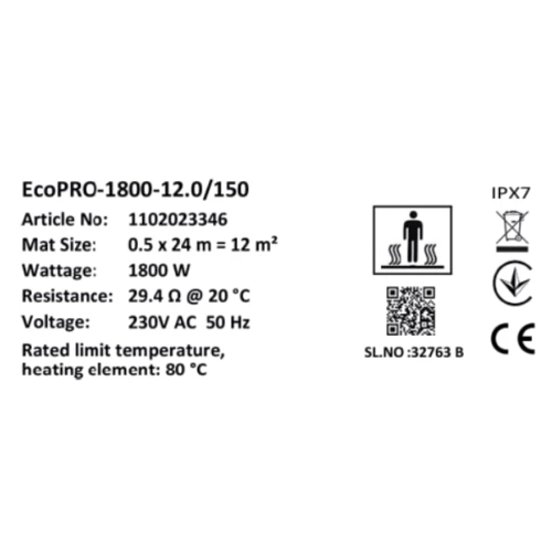 Мат нагревательный Warmstad Max EcoPRO-1800-12.0/150 W/m2: Площадь обогрева, кв.м 12
