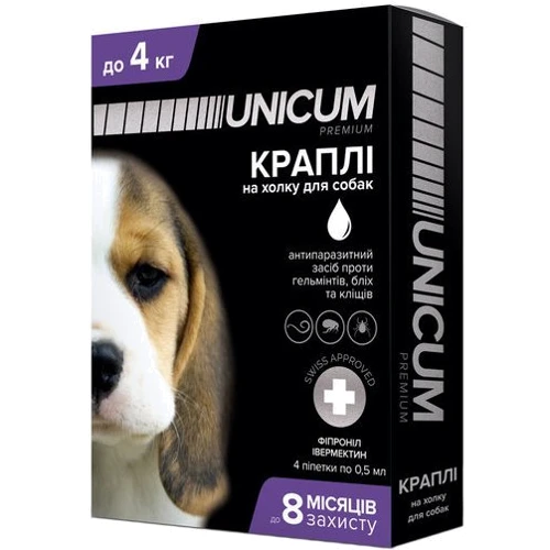 Капли от блох, клещей и гельминтов Unicum Complex Рremium для собак 0-4 кг (UN-031)
