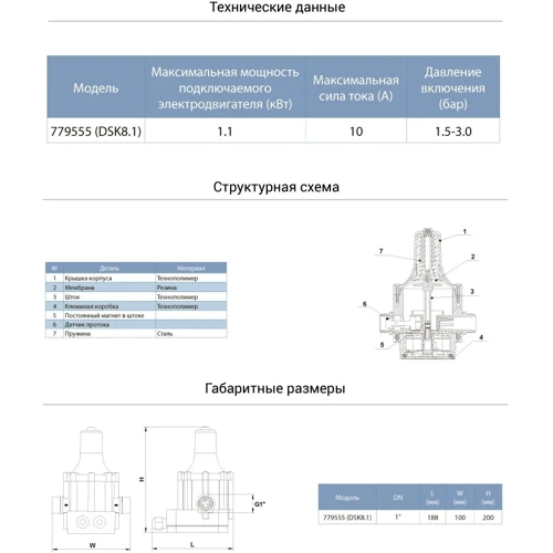 Контроллер давления электронный 1.1кВт Ø1" Aquatica (779555)