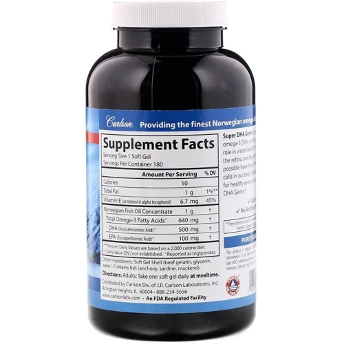 Carlson Labs Super-DHA Gems 500 mg Рыбий жир 180 капсул: Тип Омега 3