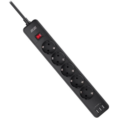 Сетевой фильтр 2E 5XSchuko, 3G*1.5мм, 3*USB-A, 2м, black (2E-SP515M2USBBK): Количество розеток, шт 5