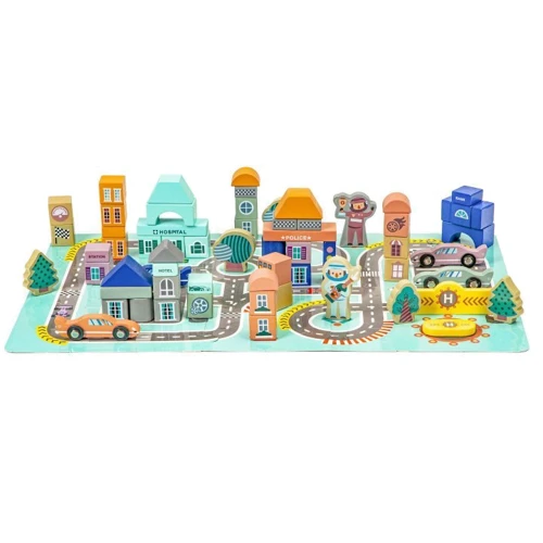 Дерев'яні кубики Ecotoys з килимком Різнобарвне місто 161 шт (PH05D012)