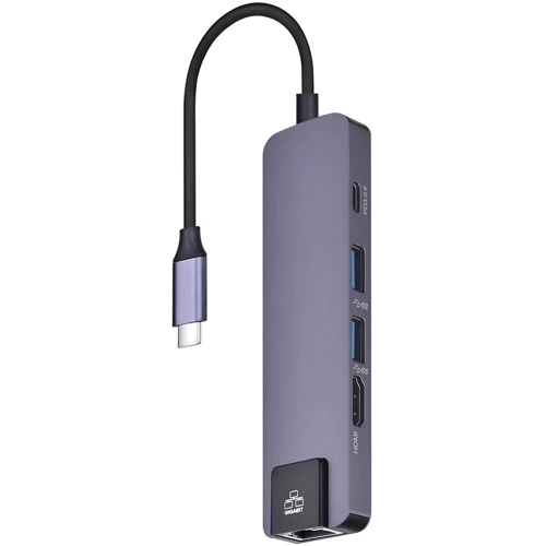 Адаптер COTEetCI Adapter USB-C to USB-C+2xUSB+HDMI+RJ45 Grey (MB1081)