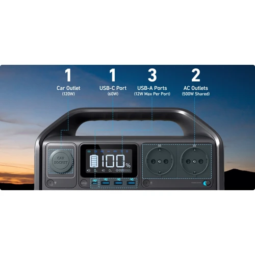 Зарядна станція Anker 535 PowerHouse 512Wh 500W (A1750311) UA: Особливості моделі Чистая синусоида, Светильник, Дисплей, Маленькие